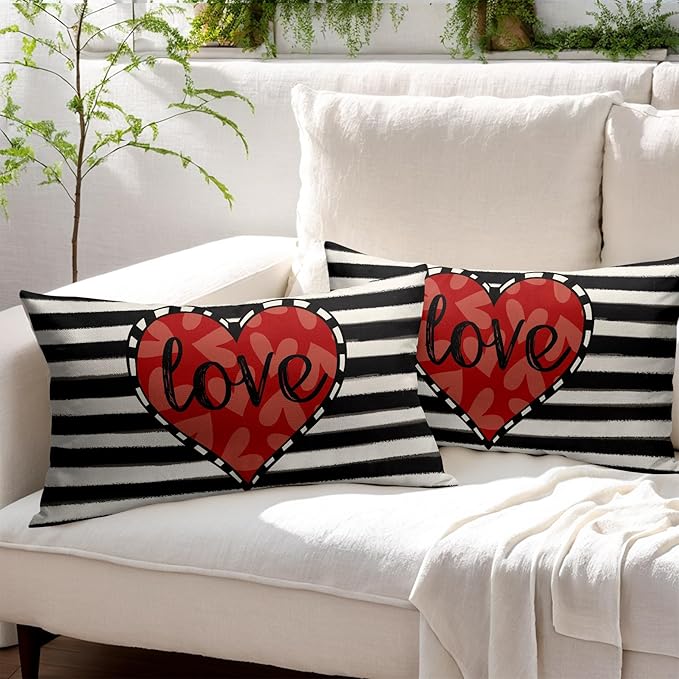 Valentines Day Pillow Covers 12x20 Set of 2 Black Red Heart Throw Pillow Covers Striped Love Pillowcase Linen Decoration Farmhouse Holiday Cozy Soft Cushion Case Couch for Indoor Outdoor Home Decor
