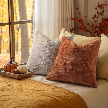 decorUhome Spring Rust Chenille Throw Pillow Covers 16x16 Set of 2 Textured Slubby Couch Pillow Covers Farmhouse Accent Modern Neutral Decorative Pillow Cases for Bed Sofa Living Room