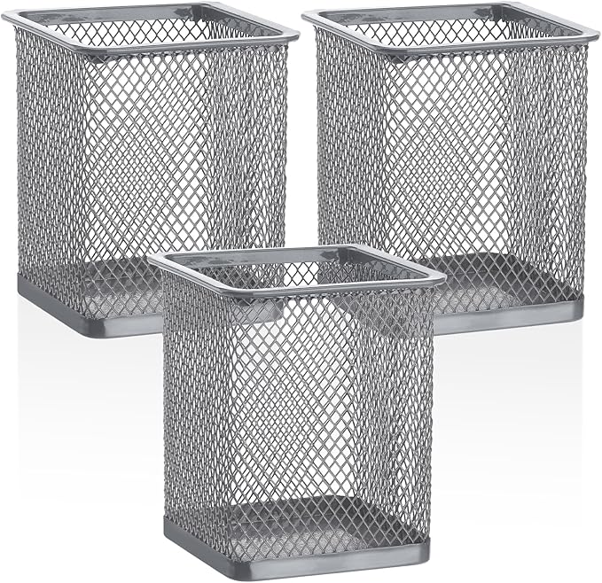 Segarty Pen Holder, 3 Pack Square Silver Pencil Holder for Desktop, Metal Mesh Pen Cup Container Desk Organizer for Office Supplies, School, Home, Makeup Brush Storage