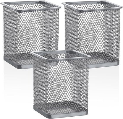Segarty Pen Holder, 3 Pack Square Silver Pencil Holder for Desktop, Metal Mesh Pen Cup Container Desk Organizer for Office Supplies, School, Home, Makeup Brush Storage