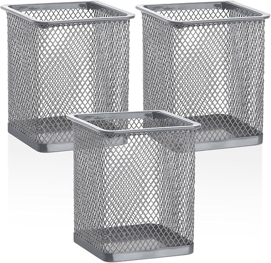 Segarty Pen Holder, 3 Pack Square Silver Pencil Holder for Desktop, Metal Mesh Pen Cup Container Desk Organizer for Office Supplies, School, Home, Makeup Brush Storage