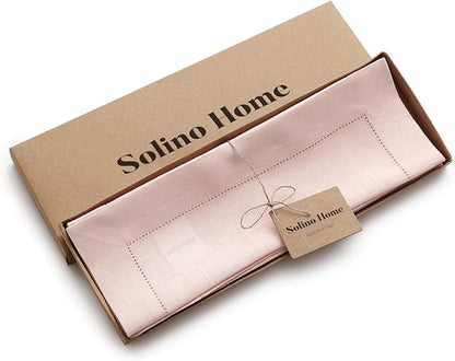 Solino Home Linen Cloth Placemats Set of 6-100% Pure Linen Hemstitch Pink Placemats 14 x 19 Inch - Classic Hemstitch Table Place Mats for Valentines