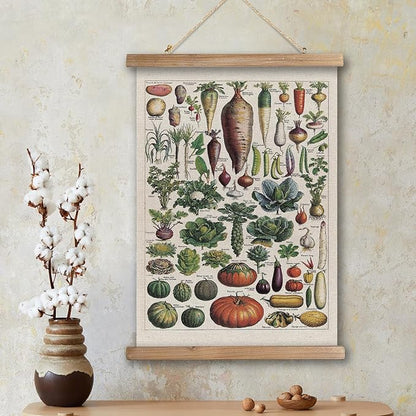 XIAOAIKA Vintage Vegetable Varieties Poster - Illustrated Garden Produce Chart with Wooden Frame - Educational Kitchen Wall Decor Art for Home Chefs and Gardeners 20 x 30 inches