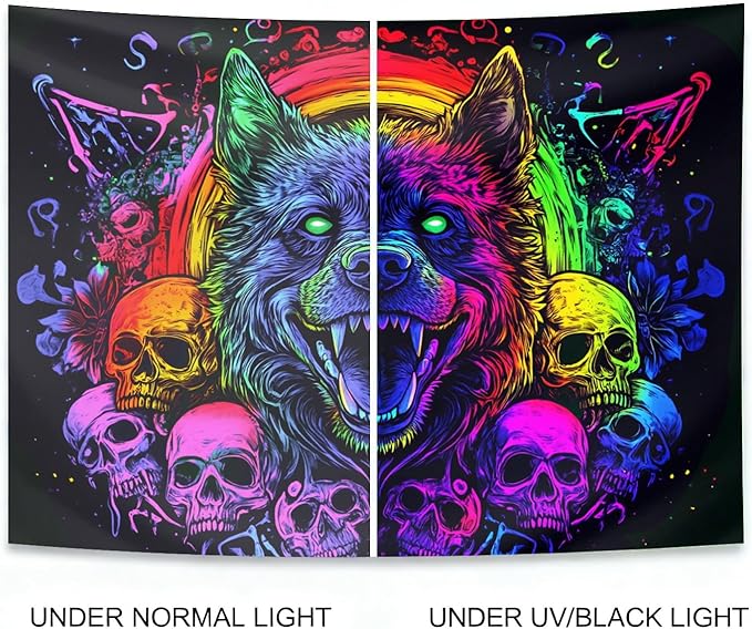 seewan Black Light Wolf Tapestry, Glow-in-the-Dark UV Neon Fierce Wolf and Skull Wall Hanging, Psychedelic Gothic Animal Art Tapestry, Bedroom Dorm Living Room Background Decor