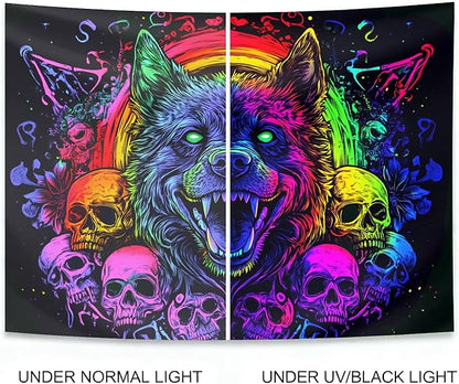 seewan Black Light Wolf Tapestry, Glow-in-the-Dark UV Neon Fierce Wolf and Skull Wall Hanging, Psychedelic Gothic Animal Art Tapestry, Bedroom Dorm Living Room Background Decor