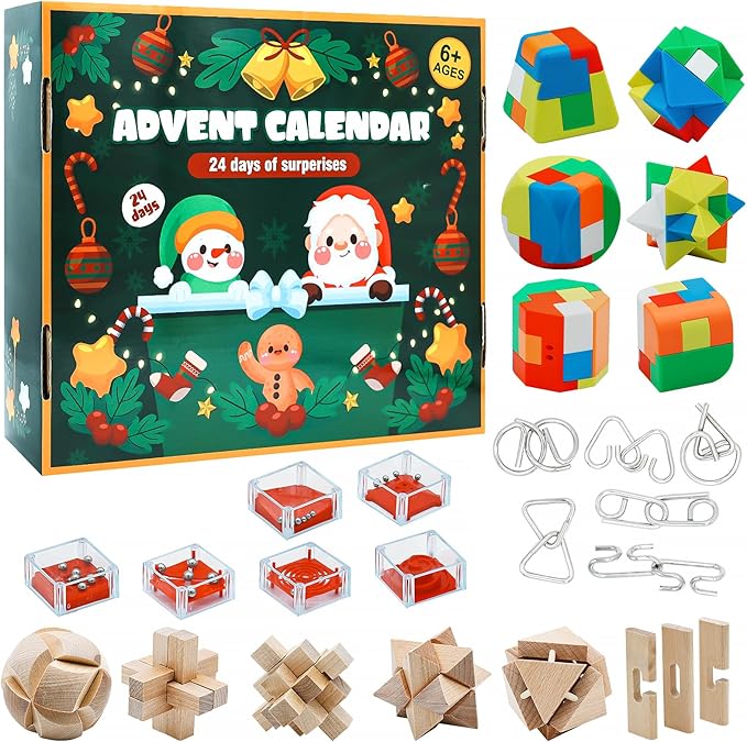 Advent Calendar 2025 Adults Kids - Wooden Puzzle Advent Calendar - Brain Teaser Puzzles 24 Days Christmas Countdown Calendar Toys for Teens Boys Girls Adults Challenge Mind,IQ,Logic Test Grame