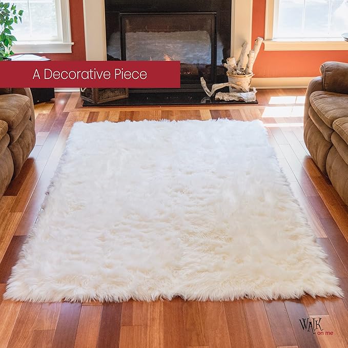 Silky Soft Faux Fur Shaggy Rug, 5 ft. x 8 ft. White Fluffy AreaRug Sheepskin Rectangle Rug for Living Room, Bedroom, Kid's Room, or Nursery, Home Décor Accent, Machine Washable with Non-Slip Backing