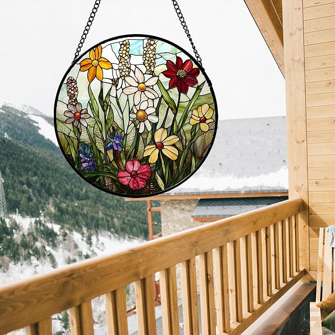 DASTOLL Stained Glass Window Hanging, Colorful Wildflowers Plant Scenery Suncatcher for Doors Window Home White Green Sun Catchers Decor Mother's Day Birthday Gifts for Women, Men Mom 6.3 in