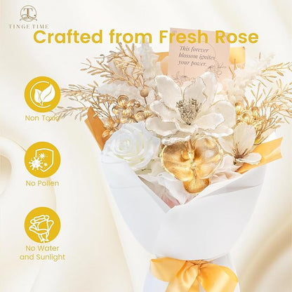 TINGE TIME Preserved Flowers Bouquet, Christmas Faux Rose Bouquets Platinum, Artificial Flowers Poinsettia Faux Flowers, for Christmas Centerpiece Table Home Holiday Party(White & Gold)