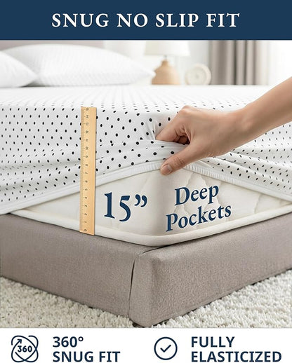LANE LINEN Eco Friendly 100% Organic Cotton Queen Bedsheet Sets, Luxury Printed Cotton Sheets Fully Elasticized Low Pill Fade Resistant deep Pocket Queen Sheets Fits 15" Mattress- Black Polka Dot