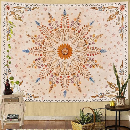 Fowocu Boho Floral Mandala Tapestry for Bedroom Aesthetic Watercolor Bohemian Flower Wall Tapestry Brown Beige Hippie Indian Small Tapestries Wall Hanging for Living Room Dorm Decor 48 x 36 Inch