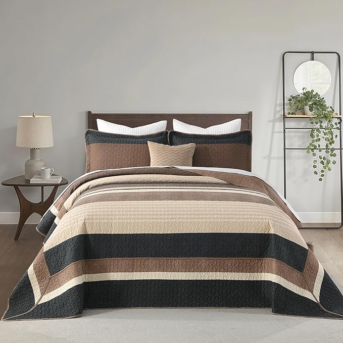 Finlonte Bedspread King Size 100% Cotton Oversized King Size Bedspreads Charcoal Brown Beige California King Quilted Bed Spread Striped Farmhouse Lightweight Soft Bedding Sets for All Season, 3 Piece