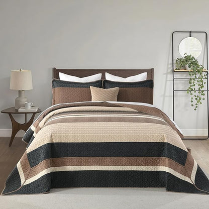 Finlonte Bedspread King Size 100% Cotton Oversized King Size Bedspreads Charcoal Brown Beige Extra Super King Quilted Bed Spread Striped Farmhouse Lightweight Soft Bedding Set for All Season, 3 Piece