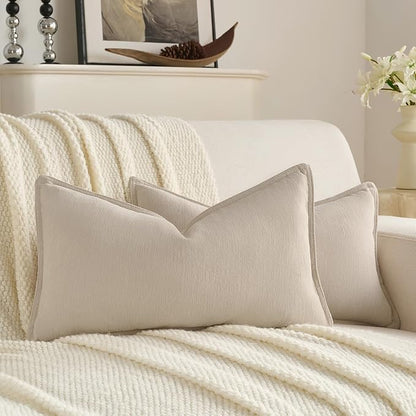 FUTEI Beige Chenille Throw Pillow Covers 12x20 Inch Set of 2,Edges Double-Stitched Lumbar Pillow Cases,Modern Home Decor for Couch Living Room