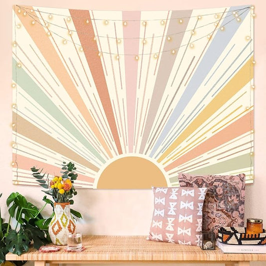 Kanuyee Boho Sun Tapestry Wall Hanging, Retro 70s Abstract Striped Aesthetic Sunrise Vintage Tapestries for Bedroom Living Room 60×80 inch
