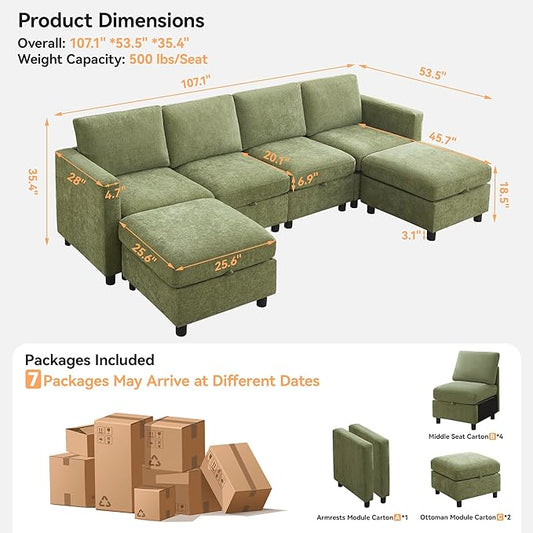 107”Modular Sectional Sofa Convertible U Shaped Sofa Couch Set with Storage for Living Room, Modern 6 Seater Modular Sectional Couch with Movable Ottoman, Chenille(Green)