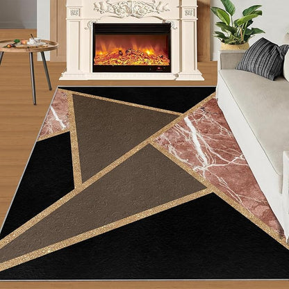 Black Gold Marble Rug Modern Geometric Marble Area Rug Mid-Century Minimalist Geometric Rugs Vintage Crackle Carpet Washable Non-Slip Carpet for Bedroom 2x3ft