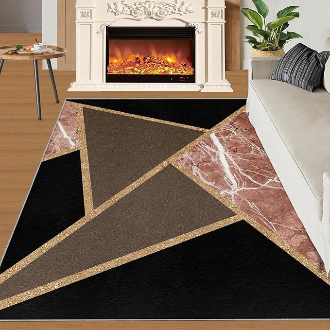 Black Gold Marble Rug Modern Geometric Marble Area Rug Mid-Century Minimalist Geometric Rugs Vintage Crackle Carpet Washable Non-Slip Carpet for Bedroom 7x10ft