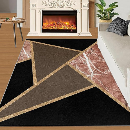 Black Gold Marble Rug Modern Geometric Marble Area Rug Mid-Century Minimalist Geometric Rugs Vintage Crackle Carpet Washable Non-Slip Carpet for Bedroom 8x10ft
