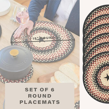 Homespice Primitive Star Gloucester Jute Woven Round Placemats Set of 6, 15", Warm Primitive Decor, Black and Red Table Mats - Vibrant Colors, Durable, Easy to Clean and Protects Furniture