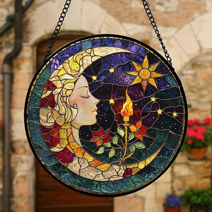 DASTOLL Stained Glass Window Hanging, Moon Goddess Torch Suncatcher Diamond Glass Panel Hangings Dream Sun Catchers Decor for Birthday for Women, Men, Wife, Aunt, and Mom 6.3 in