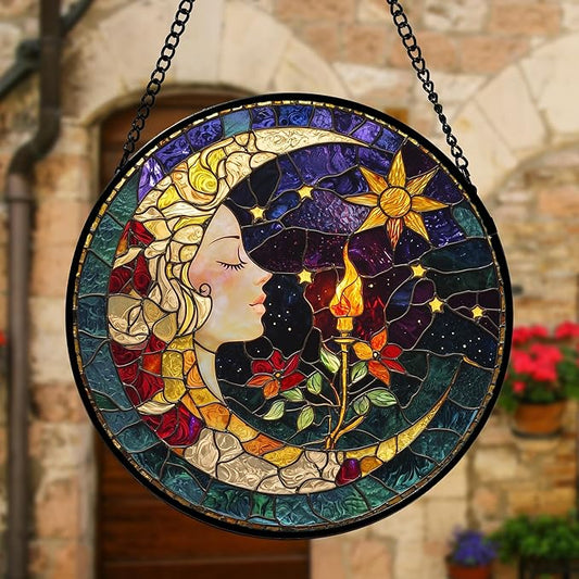 DASTOLL Stained Glass Window Hanging, Moon Goddess Torch Suncatcher Diamond Glass Panel Hangings Dream Sun Catchers Decor for Birthday for Women, Men, Wife, Aunt, and Mom 11.8x11.8 in