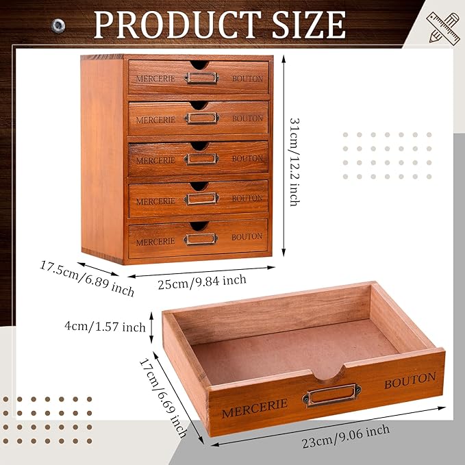 Wesiti 5 Drawer Apothecary Cabinet - Vintage Wooden Desk Organizer - Library Card Catalog Wood Storage Box - Office Desktop Dresser for Stationery, Thread Embroidery, Sewing, Crafts, Junk & Supplies