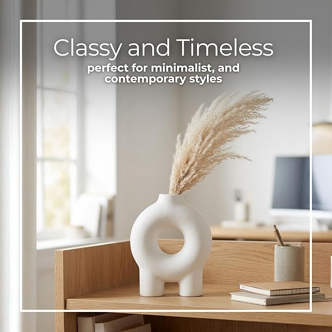 Decorative Flower Vase for Home Decor – Ceramic Modern Flower Vase With Donut Footed Design, Stylish Table Centerpiece for Living Room or Entry Display, Modern for Faux Flowers – 7", White