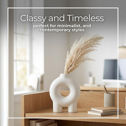 Decorative Flower Vase for Home Decor – Ceramic Modern Flower Vase With Donut Footed Design, Stylish Table Centerpiece for Living Room or Entry Display, Modern for Faux Flowers – 7", White