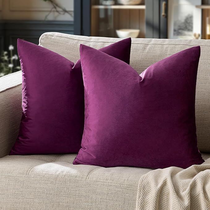 GIGIZAZA Decorative Throw Pillow Covers 26x26,Set of 2 Purple Square Couch Pillow Covers,Velvet Sofa Boho Cushion Pillows