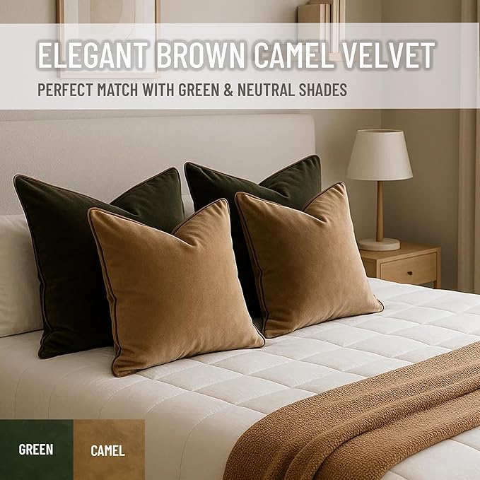 2 Pack Velvet Decorative Throw Pillow Covers, 20"x20", Camel and Brown, Solid, Modern, Contrast Piping, Indoor Use, Bedroom & Living Room