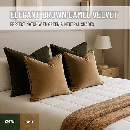 2 Pack Velvet Decorative Throw Pillow Covers, 18"x18", Camel and Brown, Solid, Modern, Contrast Piping, Indoor Use, Bedroom & Living Room