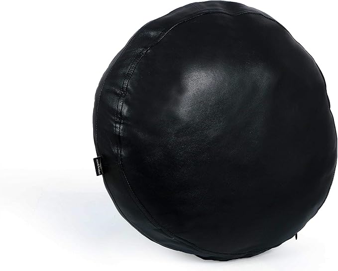 D DOLLY LAMB Lambskin Round Leather Pillow Cover - Sofa Cushion Case - Decorative Circular Cushion Throw Covers for Living Room & Bedroom - Black Diameter 18 Inch