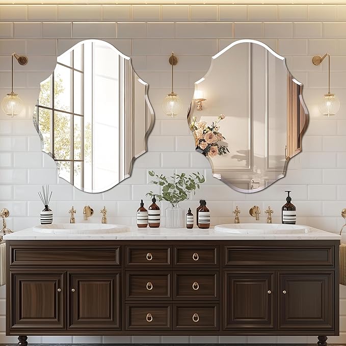 Frameless Scalloped Wall Mirror: Decorative Scallop Oval Mirrored Glass Vanity with Beveled Silver Edge for Bathroom Bedroom Livingroom Dining Room Entryway Hallway, 32 x 25 inch