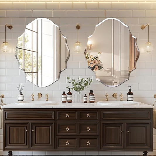 Frameless Scalloped Wall Mirror: Decorative Scallop Oval Mirrored Glass Vanity with Beveled Silver Edge for Bathroom Bedroom Livingroom Dining Room Entryway Hallway, 32 x 25 inch