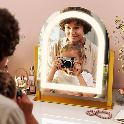 FENNIO Large Vanity Mirror with Lights - 15.5"x13" LED Lighted Makeup Mirror with Lights, 10X Magnification, Touch Screen with 3-Color Lighting, Dimmable, for Vanity Desk Tabletop, Bedroom（Gold）