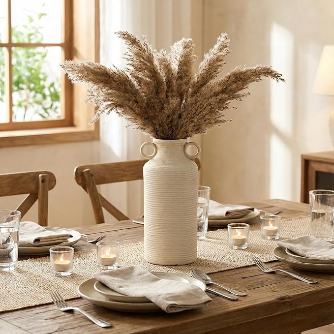 Ceramic Rustic Vase with 2 Round Handles, Antique Farmhouse Flower Vase, Vintage Terracotta Vases for Home Decor, Wedding, Living Room, Table, Shelf Decor - 10.2 Inch Tall, White