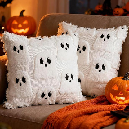 Halloween Decorative Pillow Covers 18x18 Set of 2 Ghost Throw Pillow Covers, Faux Fur Soft Pillow Cover Fluffy Plush Accent Throw Pillow Case, Throw Pillow Cover Cushion Cover for Home Decor, White