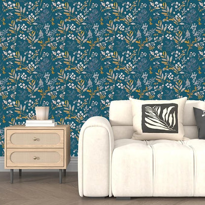 Vintage Wallpaper Peel and Stick Dark Blue Floral Wallpaper 17.5'' x 118'' Gold Leaf Contact Paper Vinyl Waterproof Self Adhesive Boho Botanical Wall Paper for Bedroom Cabinet Décor