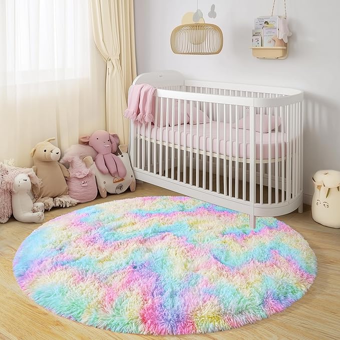 Round Fluffy Rugs 4Ft for Girls Bedroom, Rainbow Shag Circle Kids Rug Non-Slip for Bedside Dorm Nursery Playroom, Soft Cute Area Rugs for Living Room Decor
