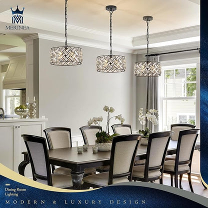 Black Crystal Pendant Light Farmhouse 4-Light, 12" Round Modern Semi Flush Mount Chandelier Ceiling Light for Kitchen Island, Dining Room, Bedroom, Hallway, Foyer
