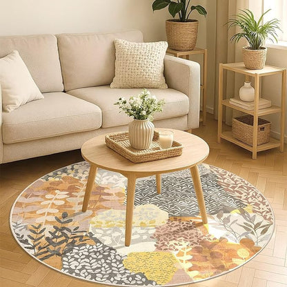 DEXDE Round Rug 5ft Washable Circle Area Rugs Non Slip Low Pile Boho Floral Large Circular Carpet for Bedroom Bathroom Entryway Kids Room Office Dining Room,Camel