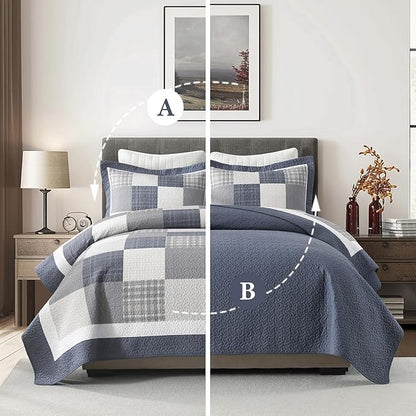 100% Cotton Quilts King Size, King Quilt Bedding Set Bedspread, Patchwork Plaid Quilt for King Bed, 3 Pieces Farmhouse Reversible Lightweight Comforter Bed Spread, Blue/Beige/White