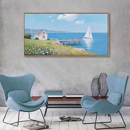 Coastal Pictures for Living Room, Beach Wall Art, Floral Wall Art Featuring Sailboat and Ocean Wall Decor, Nautical Framed Art for Bedroom or Above Bed Decor Large Artwork for Walls 20×40IN