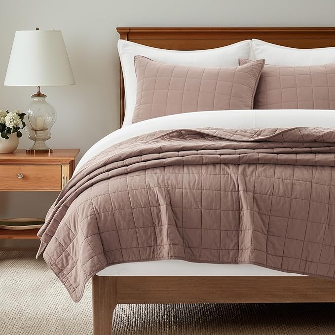 EVERGRACEHOME 100% Cotton Box Stitch Quilt Bedding Set King Size 3 Pieces, Garment-Washed Lightweight Soft Cozy Coverlet, Oversized Quilted Bedspread Sets with 2 Shams for All Season, Clay