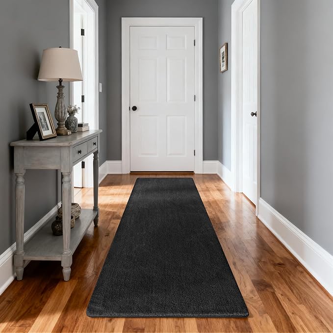 PURE ERA Carpet Stair Tread Landing Mat Area Rug Ultra Plush Shag Soft Non Slip Skid Resistant Tape Free Indoor Doormat Washable Reusable Black 2' X 6'