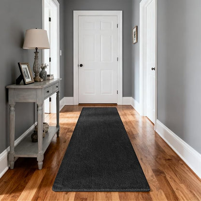 PURE ERA Carpet Stair Tread Landing Mat Area Rug Ultra Plush Shag Soft Non Slip Skid Resistant Tape Free Indoor Doormat Washable Reusable Black 2' X 6'