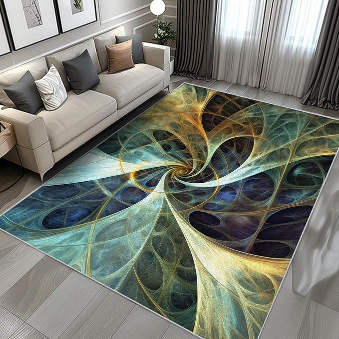 Fractal Art Rug 4x5, Washable Abstract Swirl Rugs for Living Room Bedroom, Optical Illusion Area Rug for Home Decor, Non Slip Backing Floor Carpet with Gripper - 4 x 5 ft