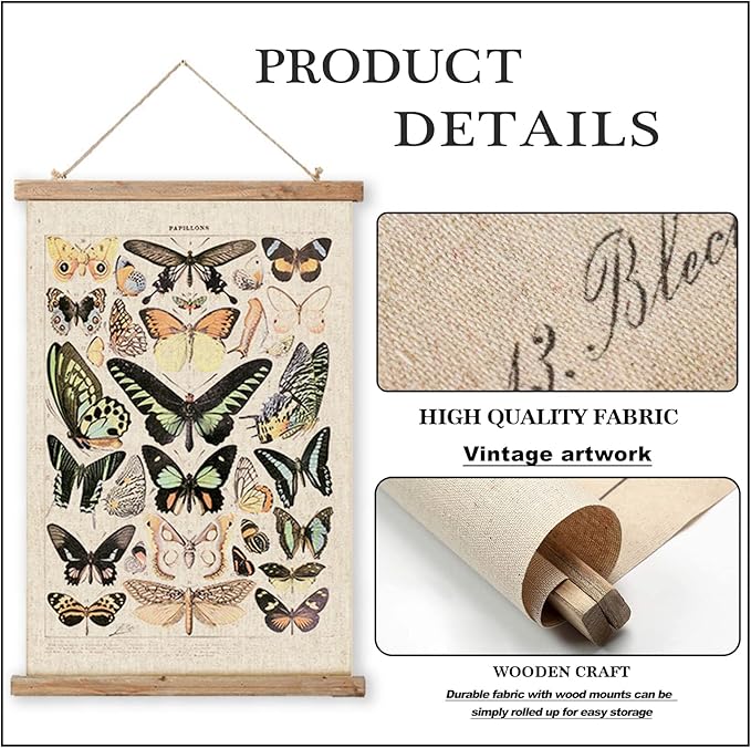 Vintage Butterflies Hanging Poster, Retro Style of Wall Art Prints, Printed on Linen with Wood Frames, Ready to Hang