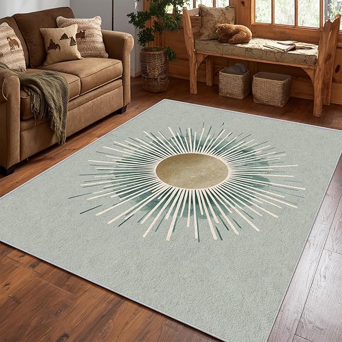Sun Rug, Large 8x10 Area Rugs Boho Simple Minimalist Green Pattern for Living Room, Bedroom, Sun Home Decor Accessories Indoor Carpet, Non Slip & Machine Washable